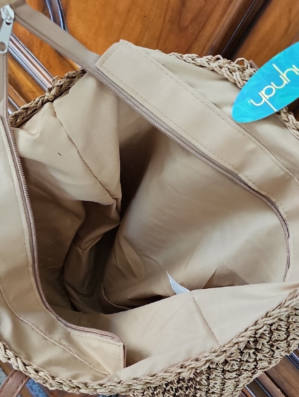 Woven Straw Tote Bag with Brown Faux Leather Handles NWT - Picture 2 of 4